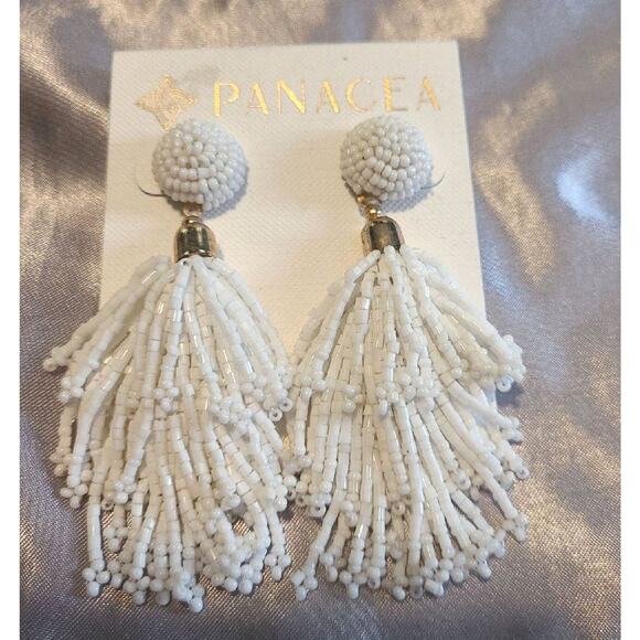 Panacea white beaded tassel earrings Retro Boho Glam - Picture 1 of 2